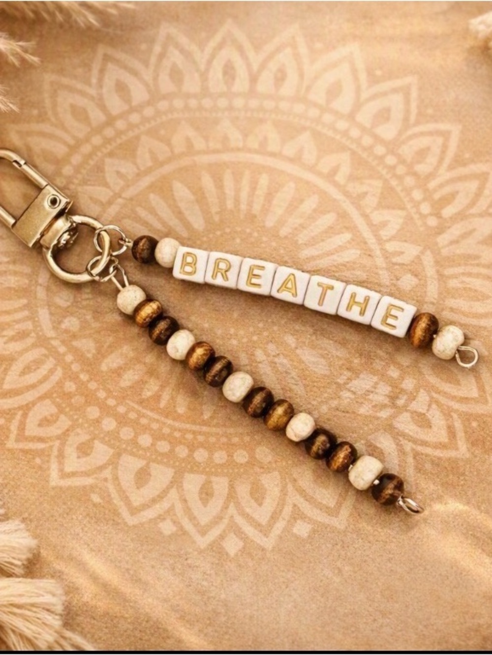 BREATHE Beaded Keychain/ Bag Charm in Brown and Cream